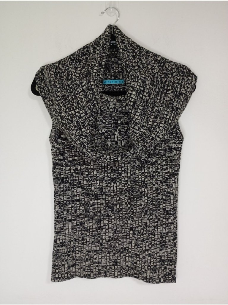 Alice + Olivia Black White Sleeveless Cowl Neck Sweater Top Silk-Cashmere Blend